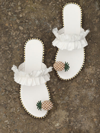 Pineapple Dreams: White Pearl Flat Sandals with Ruffle Trim for Women