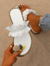 Pineapple Dreams: White Pearl Flat Sandals with Ruffle Trim for Women