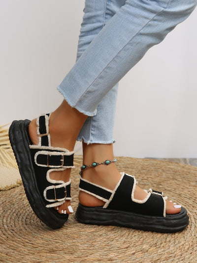 Light Blue Beach Double Buckle Flat Sandals: Stylish Slip-on Footwear for Fashion-Savvy Women