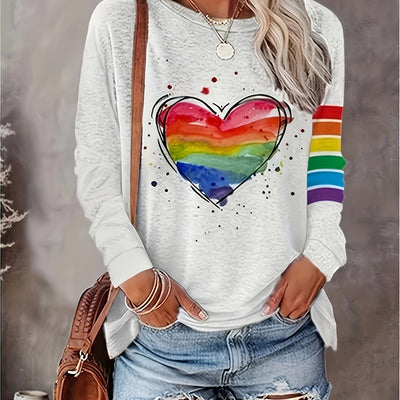 Rainbow Heart Print Plus Size Casual T-Shirt: A Colorful Addition to Your Wardrobe