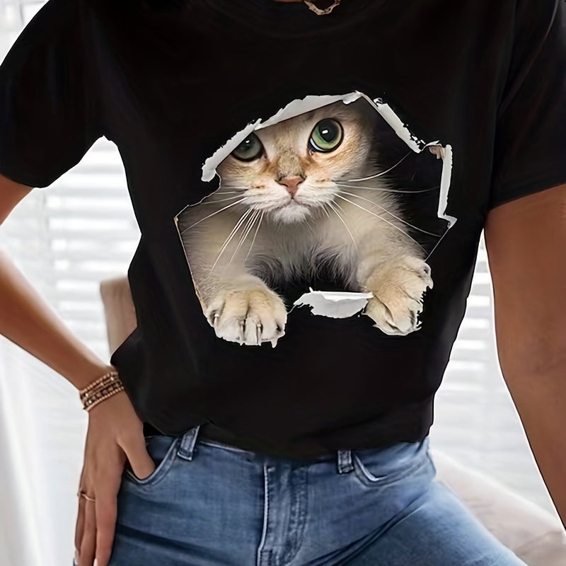 Cute Cat Design Print T-shirt, Casual Crew Neck Short Sleeve T-shirt F