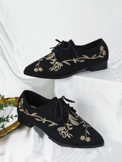 Vintage Charm Floral Embroidery Lace-Up Oxfords