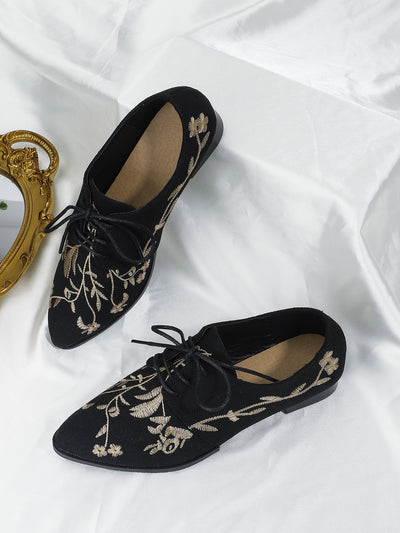 Vintage Charm Floral Embroidery Lace-Up Oxfords