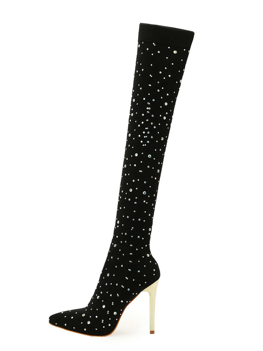 Sparkling Nights: Women's Pointed Toe Rhinestone High Heeled Ankle Boots