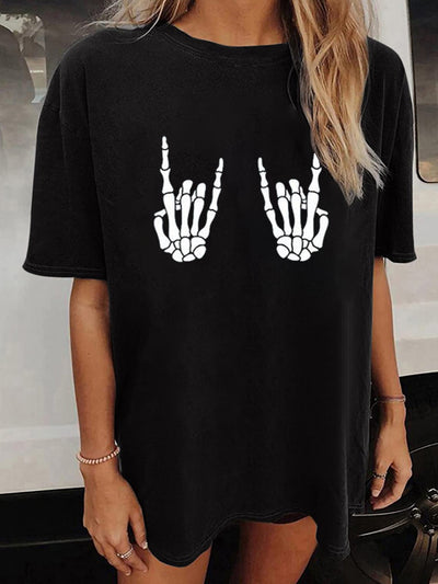 Hand Bone Print Crew Neck T-shirt, Casual Loose Short Sleeve Fashion Summer T-Shirts Tops, Women's Clothing