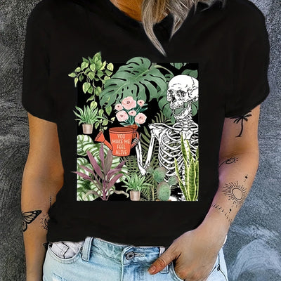 Gothic Floral Skull Women's Plus Size T-Shirt: Medium Stretch, Short Sleeve, Round Neck