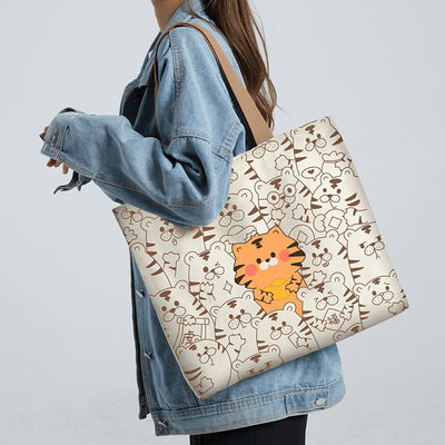 Whimsical Bear Print Canvas Tote Bag: A Spacious Shoulder Bag for Trendy and Fun-loving Individuals