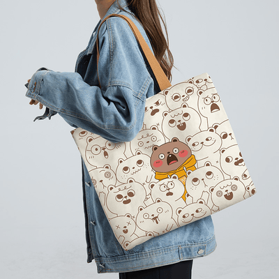 Whimsical Bear Print Canvas Tote Bag: A Spacious Shoulder Bag for Trendy and Fun-loving Individuals