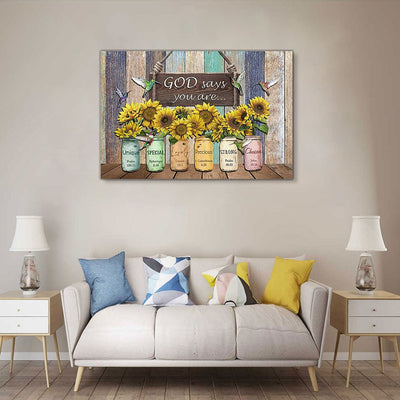 The Sunflower Vase Board Canvas Painting is the perfect addition to brighten up any home or office space. This beautiful canvas painting features a stunning sunflower print, with an inspiring quote reading, "God Says Good Things". The vintage frame makes it the perfect gift for any occasion, and a great piece of home decor.