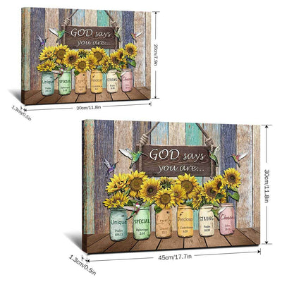 The Sunflower Vase Board Canvas Painting is the perfect addition to brighten up any home or office space. This beautiful canvas painting features a stunning sunflower print, with an inspiring quote reading, "God Says Good Things". The vintage frame makes it the perfect gift for any occasion, and a great piece of home decor.