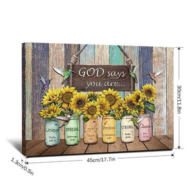 The Sunflower Vase Board Canvas Painting is the perfect addition to brighten up any home or office space. This beautiful canvas painting features a stunning sunflower print, with an inspiring quote reading, "God Says Good Things". The vintage frame makes it the perfect gift for any occasion, and a great piece of home decor.