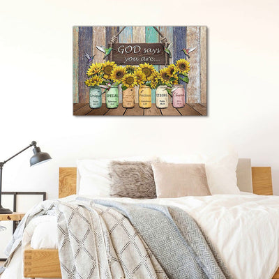 The Sunflower Vase Board Canvas Painting is the perfect addition to brighten up any home or office space. This beautiful canvas painting features a stunning sunflower print, with an inspiring quote reading, "God Says Good Things". The vintage frame makes it the perfect gift for any occasion, and a great piece of home decor.