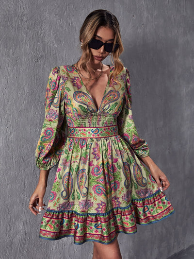 Boho Chic Paisley Print Lantern Sleeve Dress