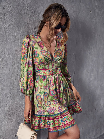 Boho Chic Paisley Print Lantern Sleeve Dress