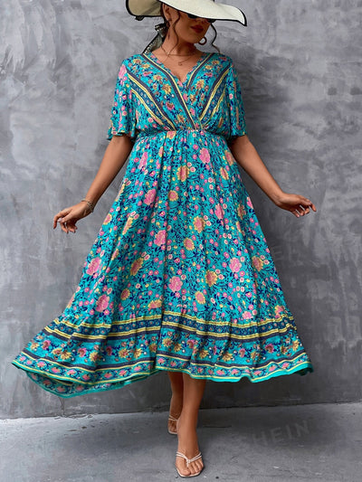 Spring Fling: Floral Print Butterfly Sleeve Ruffle Hem Dress