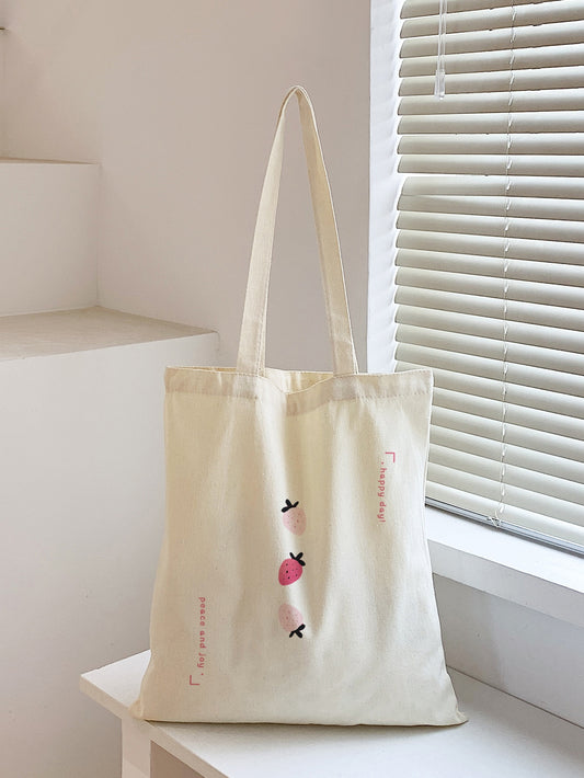 Fruity Delight: Strawberry Slogan Graphic Shopper Bag - Perfect for Back to School and Beyond!