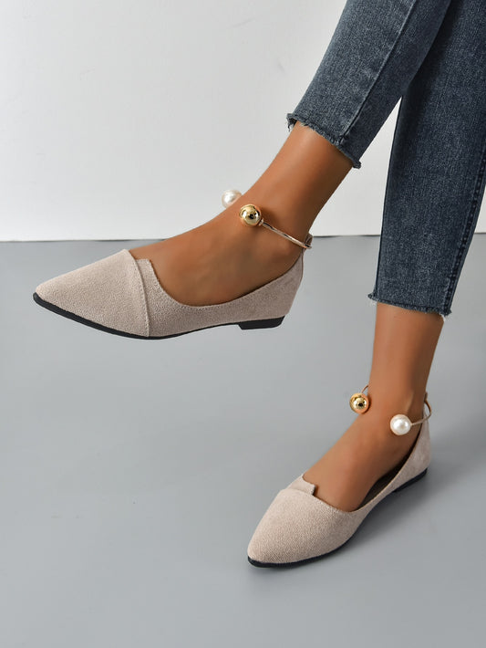 Elegant Apricot Faux Pearl Ankle Strap Flats for Sophisticated Style