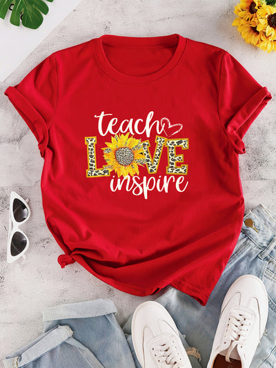 Show your appreciation for teachers with this stylish Teacher Love Inspire Letter and Leopard Print T-Shirt. Its short sleeve and crew neck design make it perfect for warm days. Crafted from soft fabric, you'll stay comfy and look great.