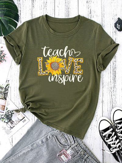 Teacher Love Inspire Letter and Leopard Print T-Shirt, Short Sleeve Crew Neck Casual Top For Spring & Summer, Women's Clothing