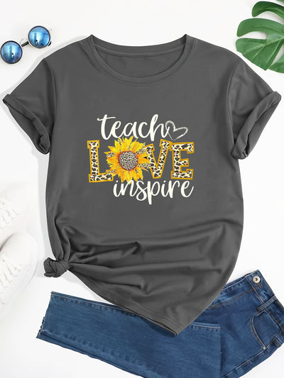 Teacher Love Inspire Letter and Leopard Print T-Shirt, Short Sleeve Crew Neck Casual Top For Spring & Summer, Women's Clothing