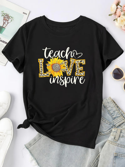 Teacher Love Inspire Letter and Leopard Print T-Shirt, Short Sleeve Crew Neck Casual Top For Spring & Summer, Women's Clothing