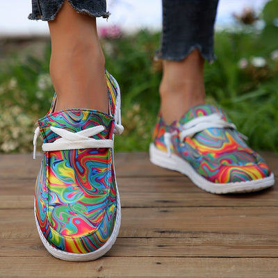 Stylish Marble Colorful Women's Canvas Sneakers - Comfortable Low Top Slip-On Flat Shoes for Casual Walking