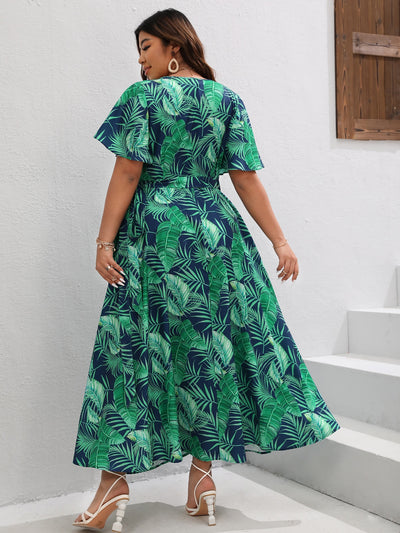 Island Dreaming: Plus Tropical Print Butterfly Sleeve Self-Belted Dress