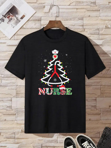 Christmas Cheer: Men's Casual Crew Neck T-Shirt for Summer - Festive Nurse Pattern Tee