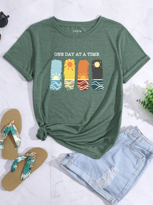 Expertly designed, this chic slogan graphic tee is the perfect addition to your wardrobe. Embrace the sun's warmth and positivity with this stylish and comfortable piece. Made with high-quality fabric, it offers both style and comfort for any occasion.