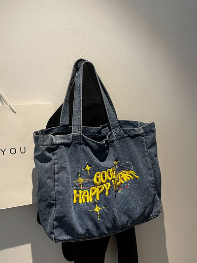 Starry Night Shopper: Star Letter Embroidered Bag