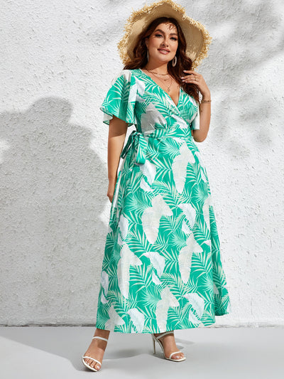 Island Dreaming: Plus Tropical Print Butterfly Sleeve Self-Belted Dress