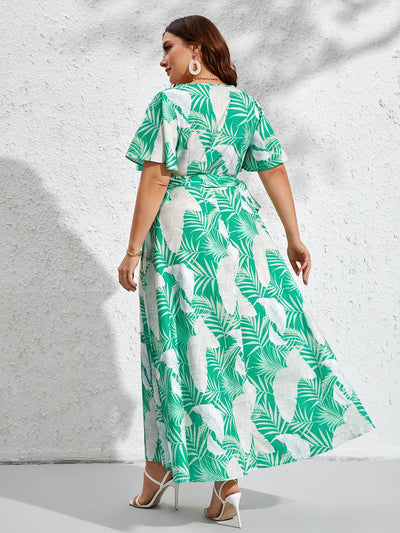 Island Dreaming: Plus Tropical Print Butterfly Sleeve Self-Belted Dress