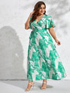 Island Dreaming: Plus Tropical Print Butterfly Sleeve Self-Belted Dress