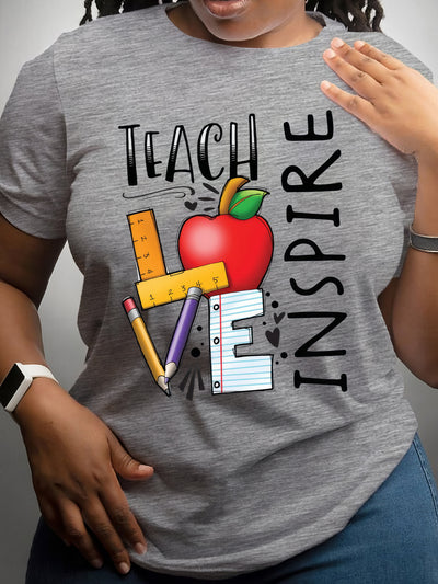 This Teacher Letter Print Women's Plus Size T-Shirt is an ideal choice for any teacher looking for stylish workwear. Crafted from comfortable medium stretch fabric, the t-shirt features a round neckline, short sleeves and a bold letter/graphic print. Perfect for any day of the week.