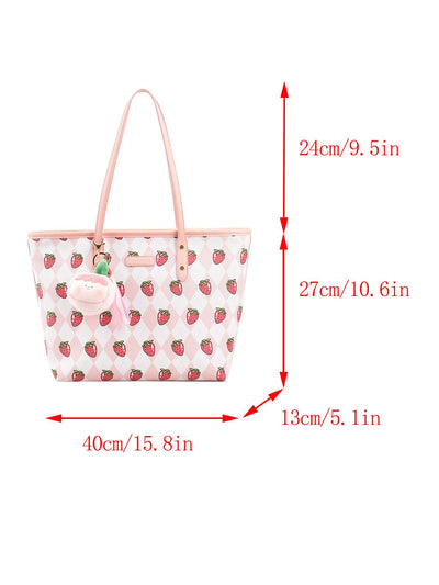 Strawberry Bliss: Large Capacity Shoulder Tote Bag with Bag Charm - Preppy, Funny, and Cute for Women