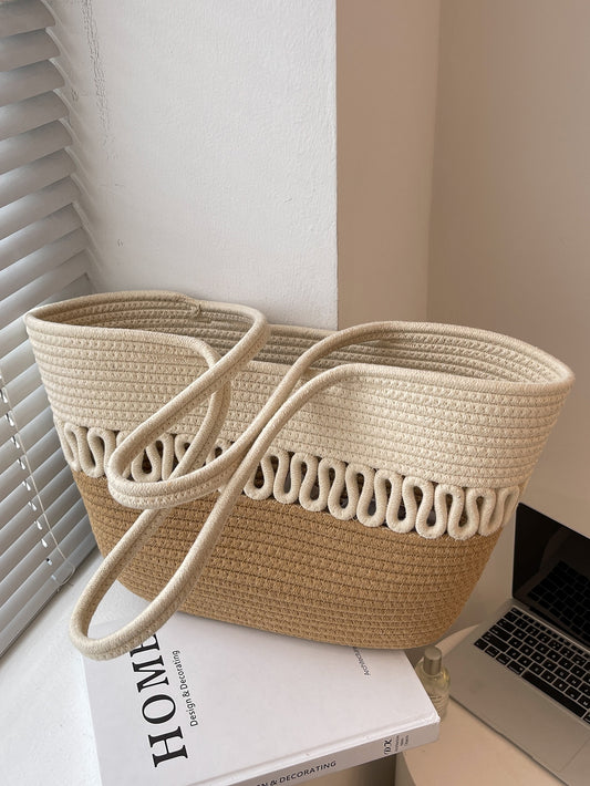 Enhance your beach attire with our Khaki Colorblock Knitting Kits Straw Beach <a href="https://canaryhouze.com/collections/canvas-tote-bags" target="_blank" rel="noopener">Bag</a>. Handmade with a large capacity, it's perfect for a summer holiday or leisure day. Add a touch of style and functionality to your beach essentials.