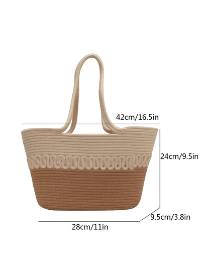 Khaki Colorblock Knitting Kits Straw Beach Bag - Large Capacity Handmade Summer Holiday Leisure Bag