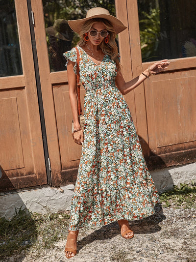 Aurora Blossom: Allover Floral Print Butterfly Sleeve Ruffle Hem Dress