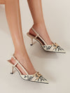 Floral Embroidered Chain Decor Point Toe Stiletto Heeled Pumps - Chic Slingback Style