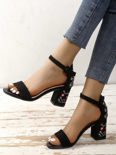 Floral Embroidered Chunky Heeled Ankle Strap Sandals: Step into Summer Fashion