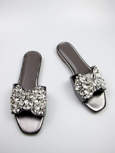 Sparkling Elegance: Rhinestone Decorated Black Suede Square-Toed Party Flat Sandals