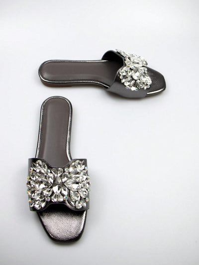 Sparkling Elegance: Rhinestone Decorated Black Suede Square-Toed Party Flat Sandals