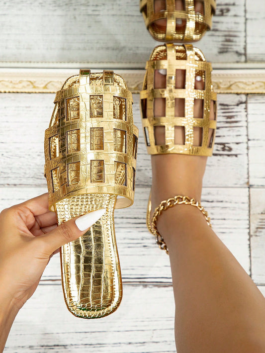 Glamorous Gold: Metallic Crocodile Embossed Hollow Out Flat Sandals