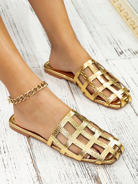 Glamorous Gold: Metallic Crocodile Embossed Hollow Out Flat Sandals