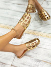 Glamorous Gold: Metallic Crocodile Embossed Hollow Out Flat Sandals