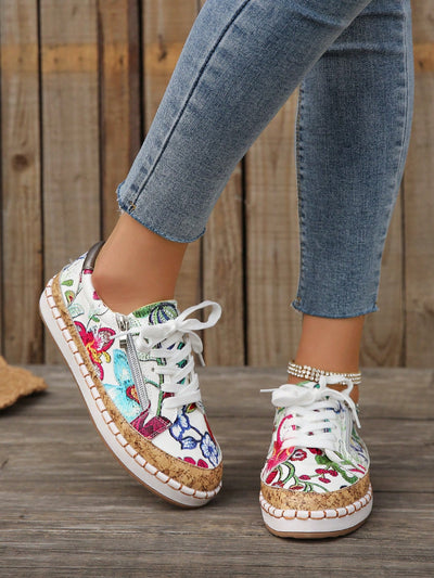 Floral Dream: Women's Artificial Leather Lace-up Skate Shoes for Sporty Style