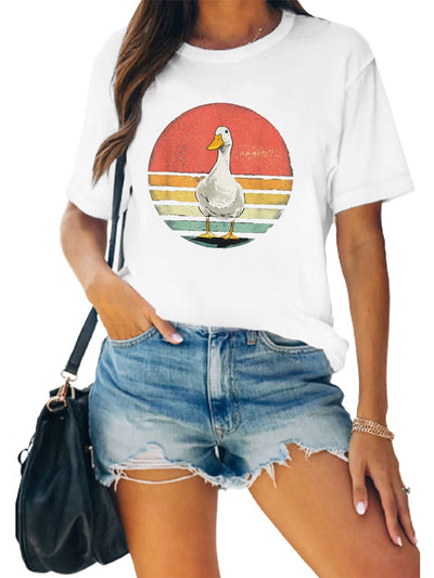 This Quirky and Comfy Women's Duck Graphic Print Tee adds a unique playful style to your casual wardrobe. Featuring a bold duck graphic print on a classic crew neckline, the lightweight fabric provides optimal breathability and comfort for all-day wear.