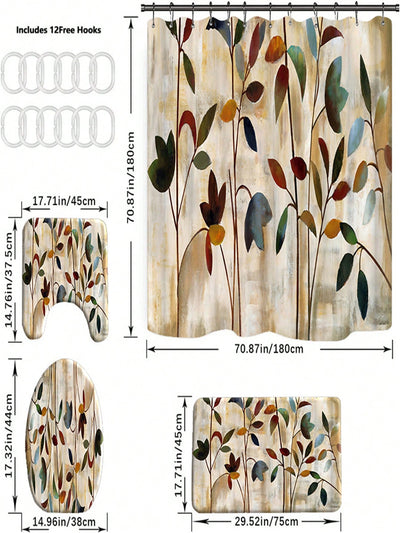 Leaf Pattern Shower Curtain and Bath Mat Set: Modern, Waterproof, Polyester for Your Bathroom