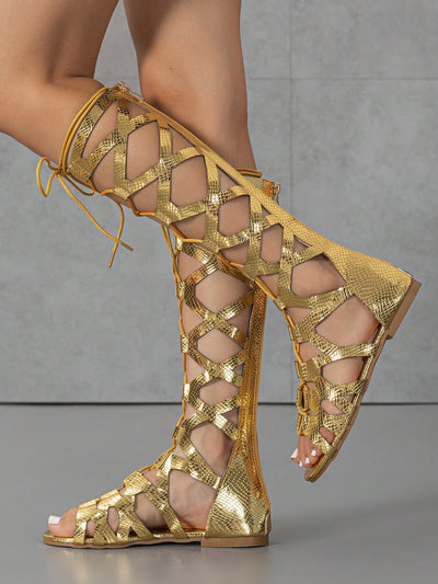 Shimmering Serpent: Metallic Snakeskin Gladiator Sandals