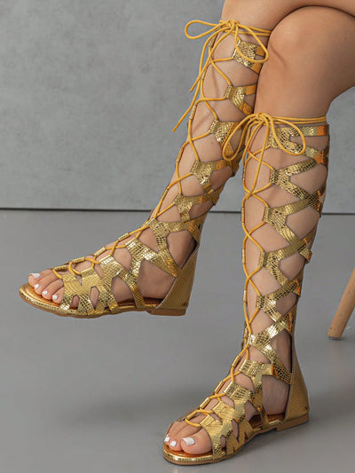 Shimmering Serpent: Metallic Snakeskin Gladiator Sandals